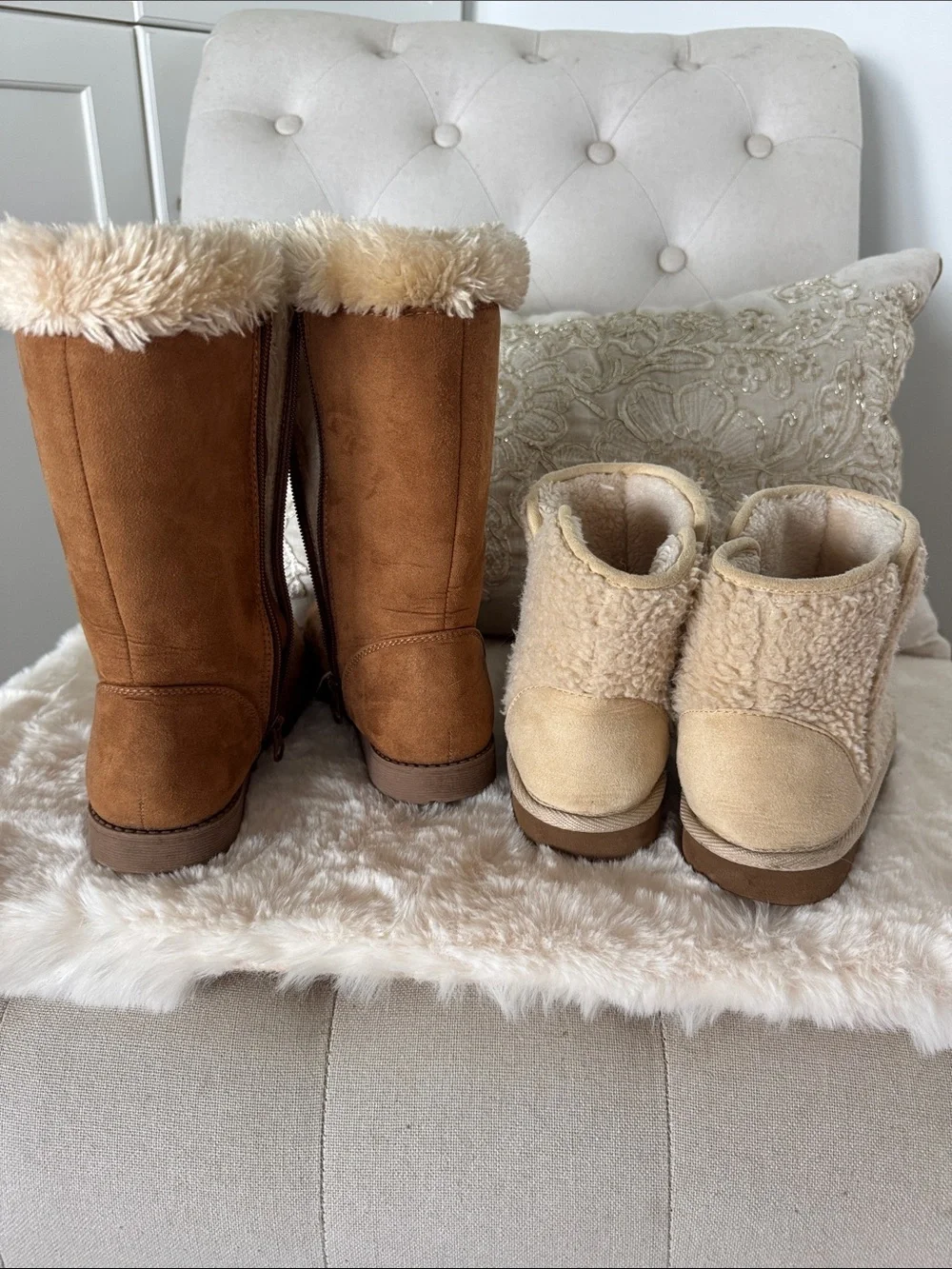 Cat & Jack Brown and Cream Faux Fur Kids Boots Duo